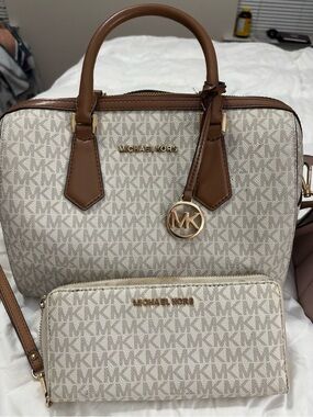 Michael Kors Cream MK Monogram Satchel with Brown Trim and Matching Wallet Set